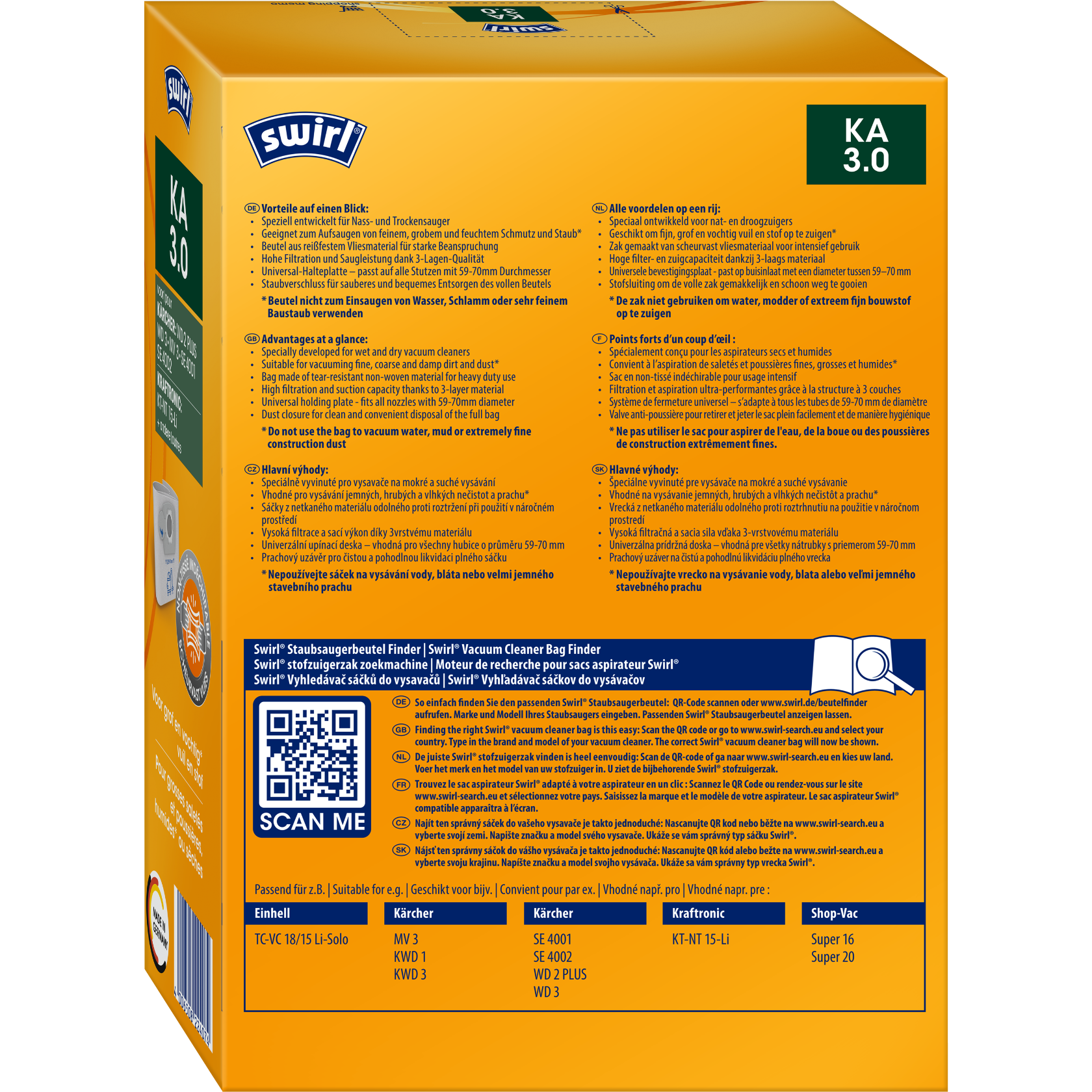 Swirl KA 3.0 Beutel für Nass- und Trockensauger Verpackung Rückseite